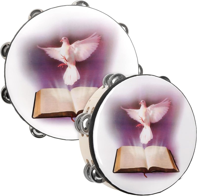 Elsjoy Set of 2 Tambourine, 10" and 8" Dove and Bible Church Tambourine with Double Row Jingle, Wooden Handbell Hand Clap Drum Percussion Instrument - Image 1
